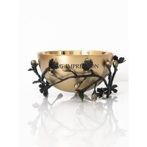 Bol de forme ronde plaqué or en métal de qualité luxueuse avec support de base de concepteur de fantaisie unique enduit de poudre de couleur noire d'Inde - Product Image 1