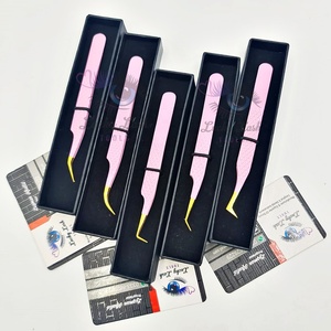แหนบต่อขนตา LUCKY LASH TOOLS สีม่วงทอง ปลายไฟเบอร์ สแตนเลสสตีล ด้ามจับเพชร โค้งงอ 90 องศา 45 องศา ขนาด 10 มม. - Product Image 1