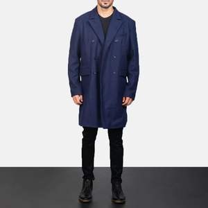Manteau en laine bleu personnalisé à double boutonnage avec col montant décontracté style hiver fermeture à logo avant boutons en cuir Service OEM - Product Image 3