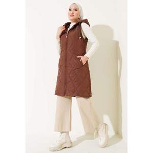 Marron À Capuche Puffer Gilet Snap Poches Broderie Logo Décoration Tricoté Toile Étanche Streetwear Crop Longueur Top pour L'hiver - Product Image 1