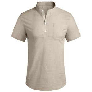 Summer Mens Casual Stand Collar Solid Color Short Sleeve Cotton Lightweight Shirt Trendy Breathable Loose Basic Pocket <b>Tops</b> - Product Image 4