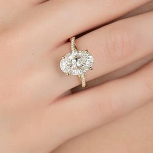 8x10mm Oval Cut Diamond Engagement <b>Ring</b> | <b>Solitaire</b> Pave Band 18K Gold Plated Sterling <b>Silver</b> | Minimalist Bridal Wedding - Product Image 4