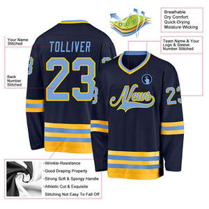 Jersey de Hockey sobre Hielo Personalizado para Hombre, Azul Marino con Rayas Amarillas, Impresión por Sublimación, Transpirable, de Secado Rápido, que Absorbe la Humedad - Product Image 2