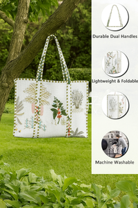 Sac fourre-tout en coton matelassé fait à la main à motifs floraux blancs Design floral vintage Fermeture à glissière écologique Personnalisable Mode Léger Dame - Product Image 2