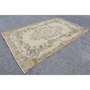 Vintage Rug, 6.4x9.9 ft Large Rug, Beige <b>Brown</b> <b>Wool</b> Rug - Product Image 3