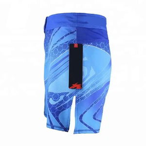 Pantalones cortos de Material de LICRA azul para hombre de alta calidad, banda de cintura elástica con estampado de sublimación, dobladillos abiertos laterales para boxeo marcial MMA - Product Image 3
