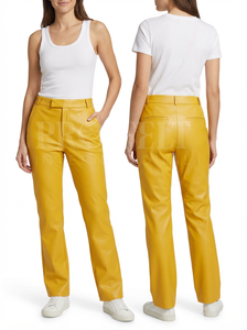 Pantalon en cuir d'agneau noir à coupe décontractée pour femmes, poignets élastiques, jambe droite minimaliste, vêtements de bureau, pantalon en cuir - Product Image 3