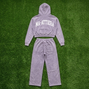 Custom Women Acid Wash Lavender <b>Crop</b> Hoodie Wide Leg <b>Jogger</b> Set Cotton Fleece Streetwear Tracksuit OEM Wholesale - Product Image 5