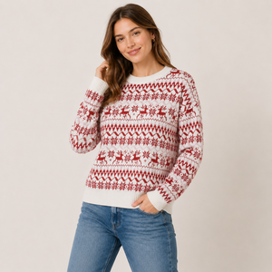 Suéter Navideño de Punto Fair Isle con Diseño de Reno Rojo de FNJIA <span class=keywords><strong>Renee</strong></span>, Jersey de Cuello Redondo con Copos de Nieve Blancos y Rojos, Regalo Navideño - Product Image 1
