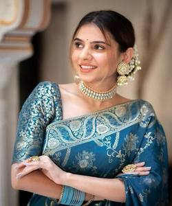 Sari en soie jacquard LICI attrayant avec blouse non cousue, pour fêtes et occasions spéciales, prix de gros, vêtement ethnique, vert sarcelle - Product Image 2