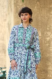 Nueva llegada mujeres Casual Floral bloque estampado vestido con cuello en V Midi Vintage Puffi mangas con cinturón vestido elegante - Product Image 5