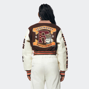 Veste universitaire classique à carreaux marron et blanc personnalisée pour femmes, avec patch brodé, style baseball, bomber, streetwear, veste de collège - Product Image 6