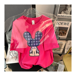 T-shirt à manches courtes et col ras du cou pour femmes, 100% coton, simple, rose, blanc - Product Image 1