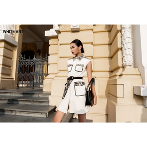 Bon prix Robes décontractées pour femmes avec poches à la ceinture Kenzie Robe trapèze 75% coton 25% lin Vêtements pour femmes Usine blanche - Product Image 1