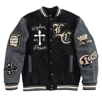 Blouson universitaire personnalisé OEM en laine avec broderie chenille, col montant, logo avant, patchwork camouflage et lettres personnalisées