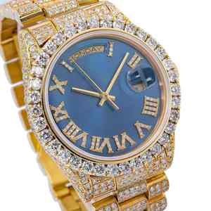 Reloj de Alta Calidad con Esfera Azul de Cristal y Acero Inoxidable, Marcador de Hora con Diamante Moissanite, Diseño de Oro Amarillo con Incrustaciones, Estilo Hip Hop de Lujo - Product Image 1