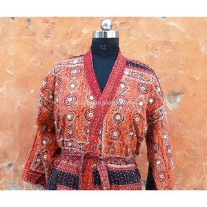Estilo indio hecho a mano Maxi vestido espejo trabajo borde diseño Kantha Kimono venta al por mayor Ajrakh impreso algodón tejido de talla grande - Product Image 3