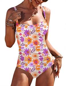 Maillot de bain une pièce blanc pour femme avec imprimé floral orange et violet, devant froncé et bretelles réglables, maillot de bain de course pour la plage - Product Image 2