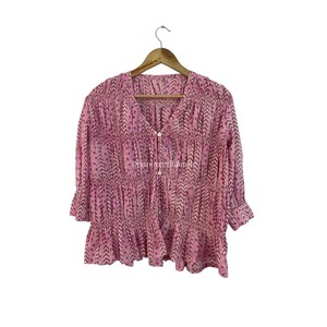 Femmes Style bohème été Mini robe 100% coton bloc rayure imprimé haut avec col en v à la main fête porter haut robe - Product Image 1