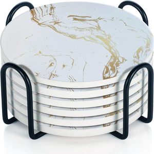 Modern Antique Finish White Marble Coaster with Classic Golden Brass Line Excellent for Tea Drinks <b>Waterproof</b> Kitchen <b>Mats</b> Pads - Product Image 6