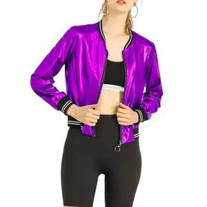 Royal <b>Purple</b> Color Top Selling High Quality Girls Custom Made Best Satin Shinning Colors Zipper Bomber Jackets - Product Image 1