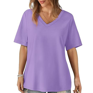 Venta al por mayor de camisetas de manga corta de Color púrpura de verano para mujer, decoración bordada, lona transpirable, estilo con cuello en V - Product Image 5