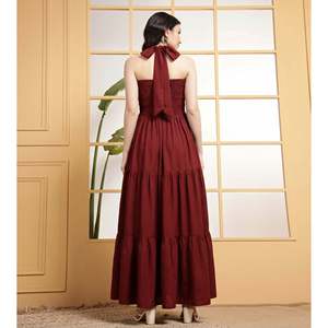 DEEBACO Women's Solid Rayon Halter Neck Tiered Maxi <b>Dress</b> Sleeveless Ankle Length Fit & Flared Summer Western Party Casual Wear - Product Image 4