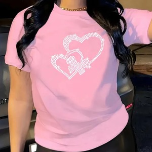 T-shirt pour femme en coton 100% ample, personnalisé avec un logo, lavage à l'acide, poids lourd, vente en gros 2026, été, avec strass - Product Image 1