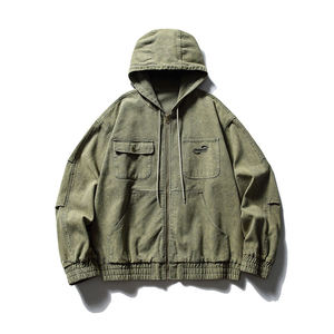 เสื้อแจ็กเก็ตใส่ทำงานแบบมีฮู้ดผ้าคอตตอนโอเวอร์ไซส์ซีดจางมีซิปแนวสตรีท - Product Image 2