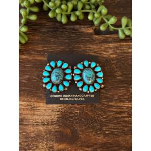 Boucles d'oreilles pendantes en turquoise de Kingman Navajo et argent sterling, plaqué or, motif floral, grappe de perles et diamants, faites à la main - Product Image 5