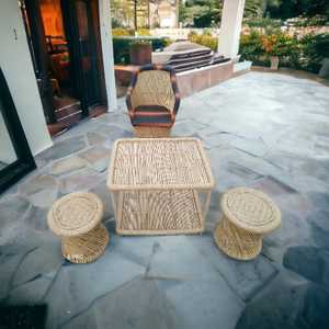 Ensemble de chaises en canne de bambou de luxe moderne de qualité supérieure avec table et pouf pour la maison salon jardin balcon ou villa - Product Image 3
