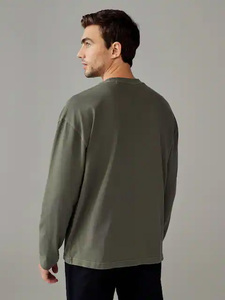 Camiseta informal de manga larga de algodón orgánico para hombre 100%, logotipo impreso personalizado, cuello redondo, bolsillo en el pecho, estilo Retro, tejido de talla grande - Product Image 2