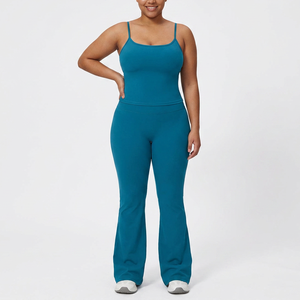 Women's Seamless Yoga <b>Set</b> <b>Square</b> Neck Spaghetti Strap High Waist Full Length Solid Teal Two Piece Activewear - Product Image 4