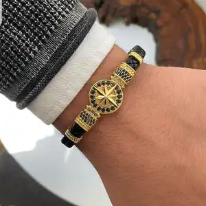 Vintage Mens Pulseras Jewelry Homme Stainless Steel Beads Black Brown Wide Genuine Leather Bracelets & Bangles