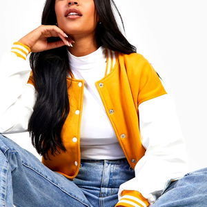 Women's Premium Quality Long Sleeve Varsity Leather <b>Jacket</b> Embroidered Baseball Letters Wool Polyester Printed Design Plain Dyed - Product Image 4