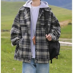 แจ็กเก็ตมีฮู้ดผ้าวูลลายสก็อตสำหรับผู้ชายเสื้อแจ็กเก็ตมอเตอร์ไซค์สไตล์ลำลองทรงหลวมยาวปกติสำหรับฤดูใบไม้ผลิฤดูใบไม้ร่วง - Product Image 4