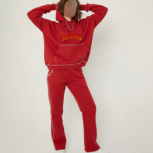 Conjunto Deportivo de Invierno al por Mayor, Encaje Sólido, 100% Algodón, Hombros Caídos, Sudadera con Capucha y Pantalones Acampanados para Mujer, Personalizable - Product Image 1