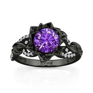 Bague Jeulia Vintage noire torsadée avec fleur ronde taillée en violet - Product Image 1