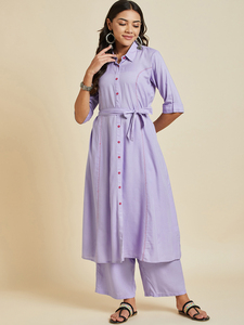 Ensemble long prêt-à-porter pour femme, style ethnique indien, en coton uni couleur lavande, Kurti et pantalon palazzo, vente en gros - Product Image 3