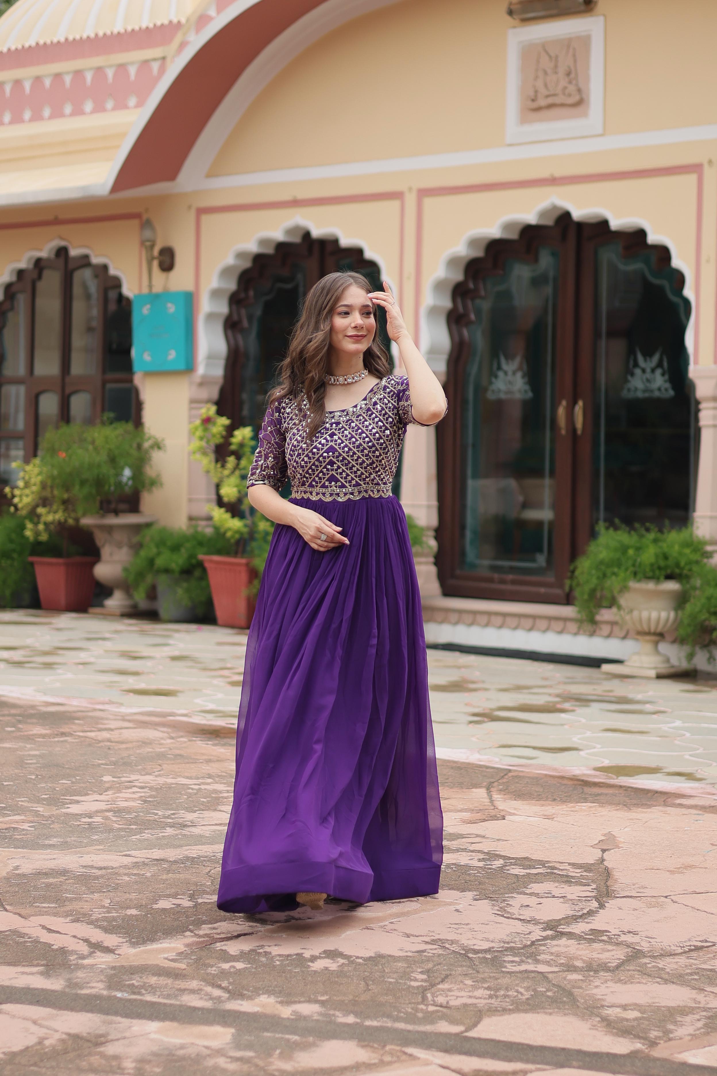 chinese dress ladies Georgette Embroidery Dress with Dupatta & Belt| Party Wear| Bollywood –  siyarasfashionhouse main image 1