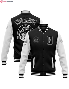 Chaqueta de hombre de fábrica de bombardero blanco y negro de alta calidad, chaqueta universitaria de béisbol Vintage de gran tamaño con estampado bordado personalizado para hombre - Product Image 2