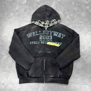 Sweat-shirts en coton lourd de style streetwear entièrement personnalisés OEM, sweat-shirts à carreaux en flanelle personnalisés, sweat-shirts à capuche à fermeture éclair inversée sur deux côtés, surdimensionnés pour hommes - Product Image 6