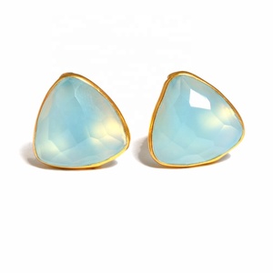 925 Sterling <b>Silver</b> Luxury Vintage Handmade <b>Stud</b> <b>Earrings</b> Women 18K Gold Plated Faceted Trillion Cut White Aqua Wedding - Product Image 1
