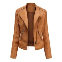 Chaqueta de cuero para mujer de talla grande, ajustada, con cremallera, prendas de vestir, chaqueta de motocicleta, chaquetas cortas ligeras para motociclista, abrigos de solapa