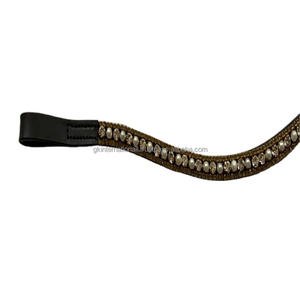 Bande de sourcil de cheval en cuir marron noir de haute qualité avec chaîne en métal décorative à 3 rangées de cristaux strass - Product Image 1