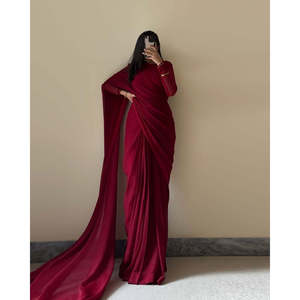 Saris pakistanais en satin élégants et stylés, faits à la main, silhouette fourreau avec taille empire, achetez en ligne - Product Image 6