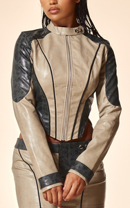 Chaqueta Corta de Motociclista de Cuero con Estampado de Letras y Remaches para Mujer, Estilo Hip-hop, Primavera-Otoño - Product Image 5