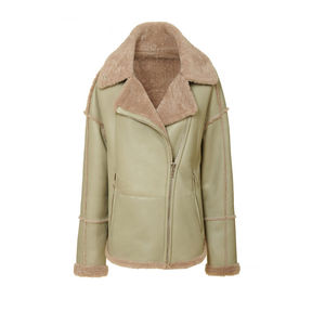 High Quality Women's <b>Genuine</b> Leather Shearling Motorcycle Jacket Winter Outerwear with Hooded Collar Custom Logo Light Feature - Product Image 1