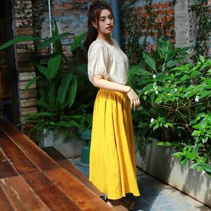 <b>Women's</b> Vintage Style Rayon Linen Satin <b>Skirt</b> Elegant Casual Wide Waistband Lace Print Breathable Lightweight Plain Dyed Natural - Product Image 2