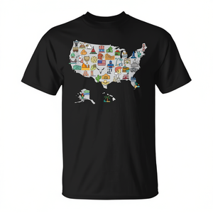 Camiseta sin Mangas Gris con Símbolos Icónicos y Mapa de Lugares Culturales Emblemáticos de EE. UU. para Uso Promocional - Product Image 3